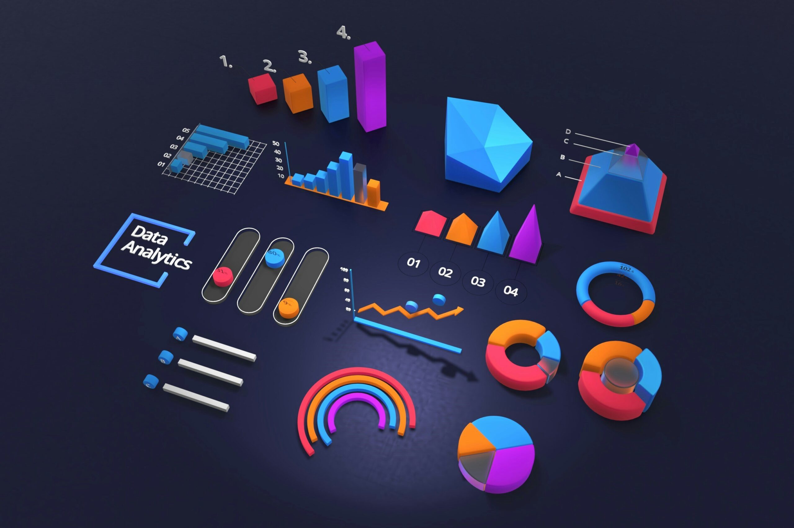 Grafica 3D con icone di data analytics, grafici a barre, diagrammi a torta e infografiche colorate su sfondo scuro